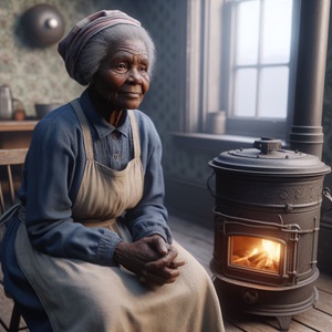 An aged African American woman sits next to a stove. Image created with the assistance of AI.